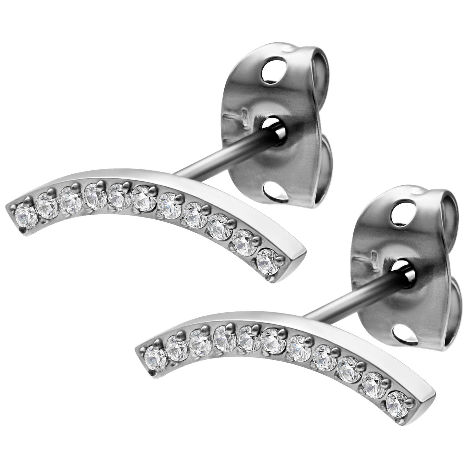 Boucles d'oreilles Crystal Arch argentées avec cristaux Paire de boucles d'oreilles argentées avec cristaux clairs sur fond blanc