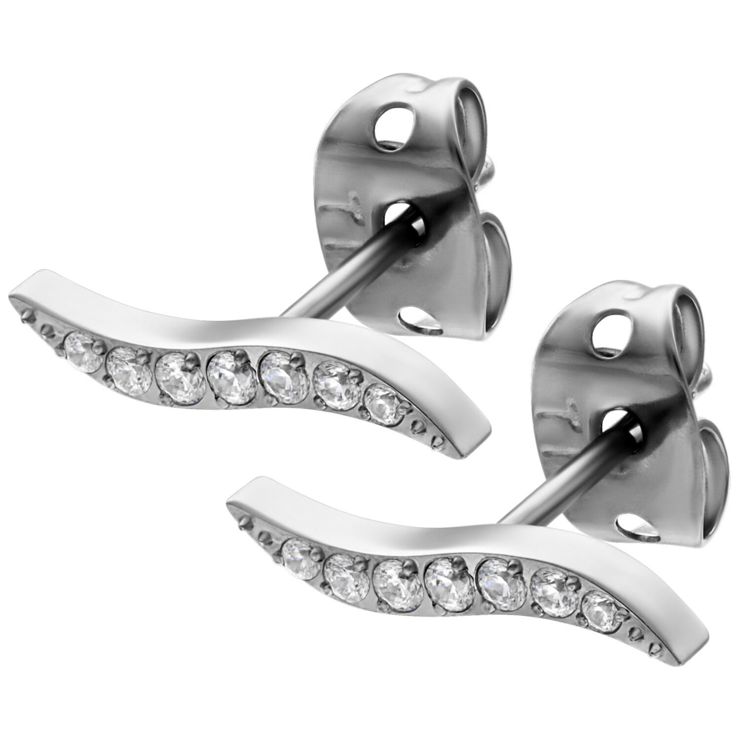 Deux boucles d'oreilles en argent avec des cristaux clairs sur fond blanc