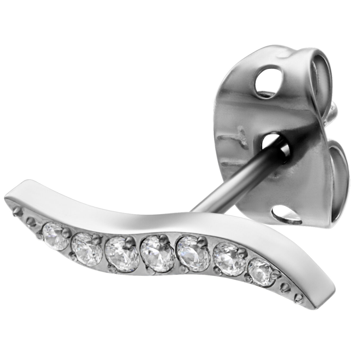 Boucles d'oreilles argentées avec cristaux sur fond blanc
