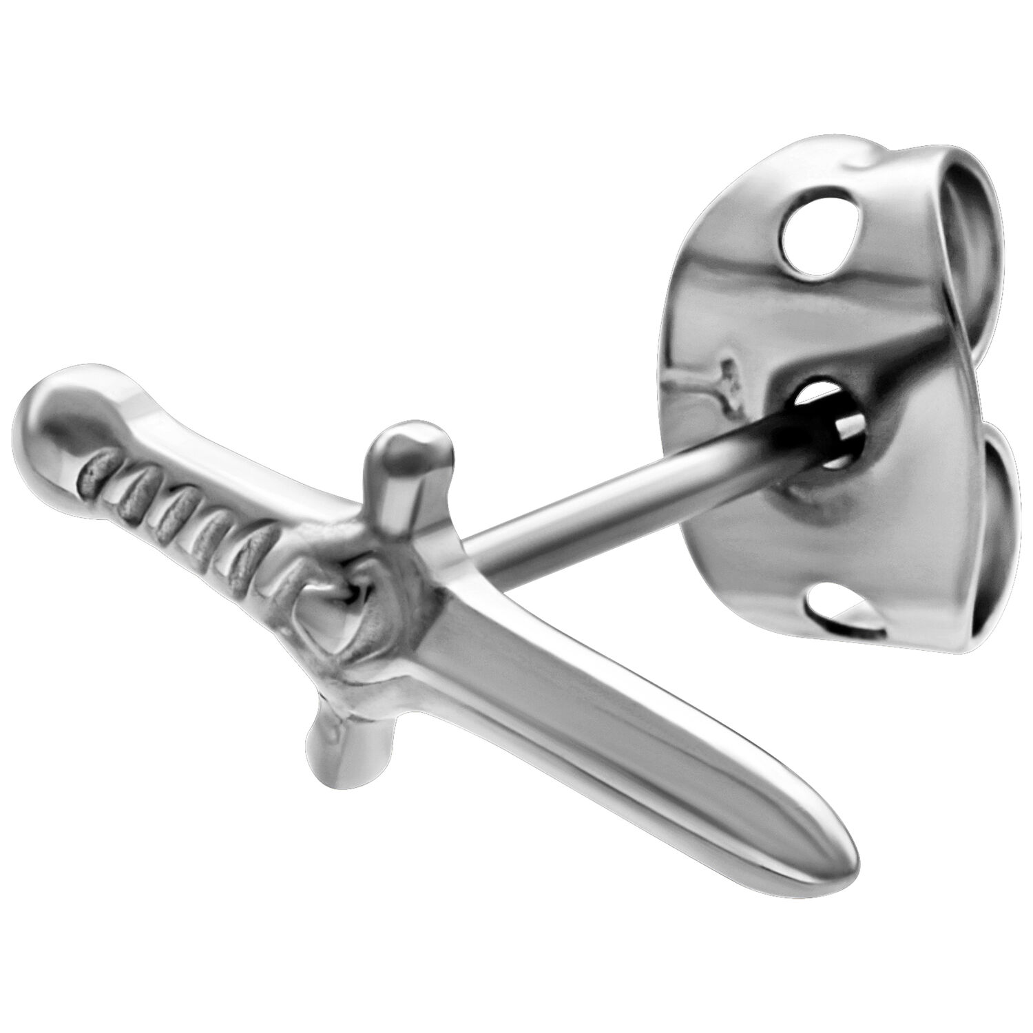 Boucles d'oreilles épée en métal argenté Boucle d'oreille épée argentée sur fond blanc
