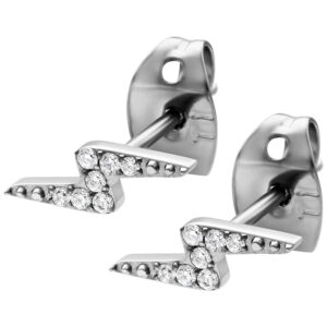 Clous d'oreilles éclair en argent en acier inoxydable avec cristaux clairs sur fond blanc
