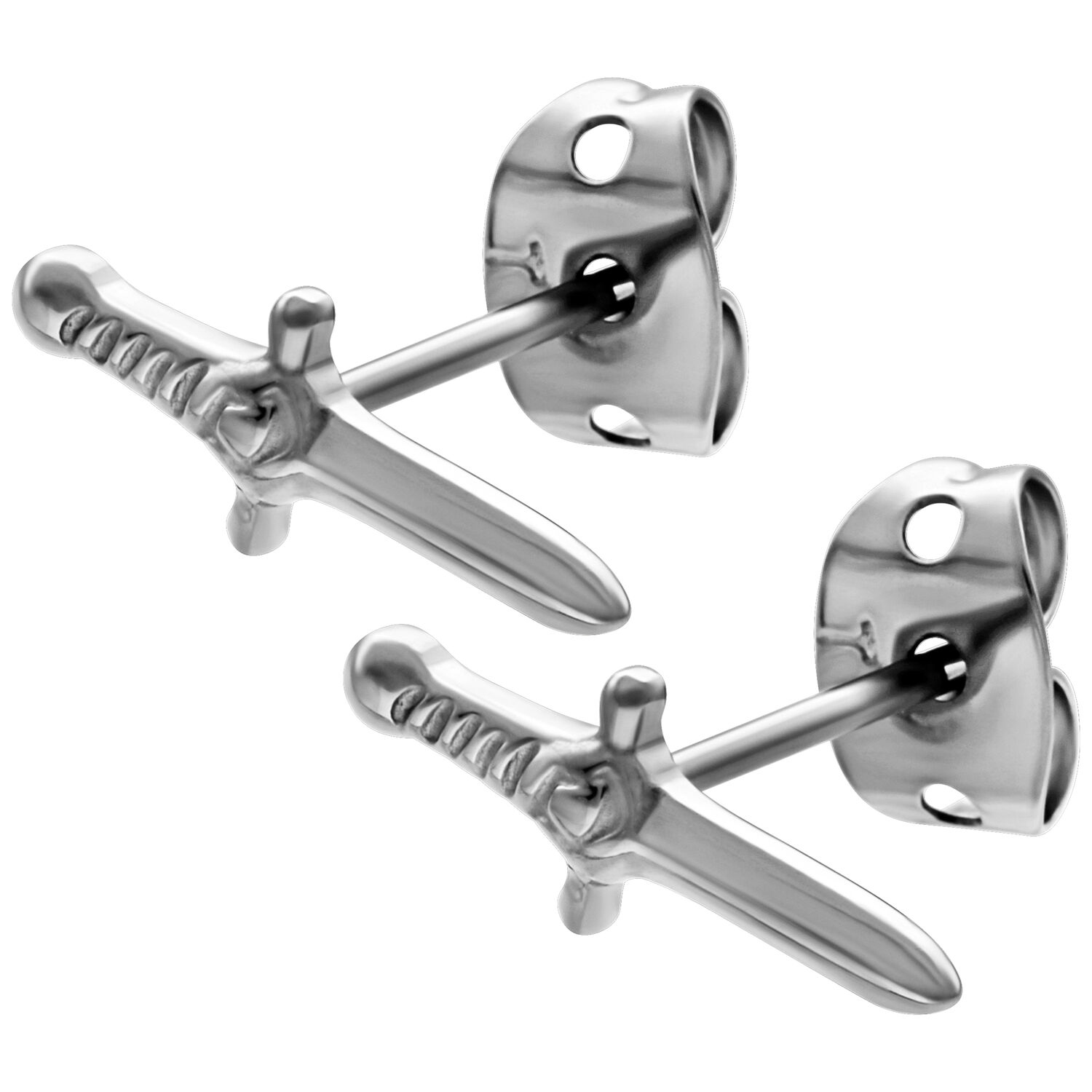 Boucles d'oreilles épée argentées en métal Deux boucles d'oreilles épée argentées en métal sur fond blanc