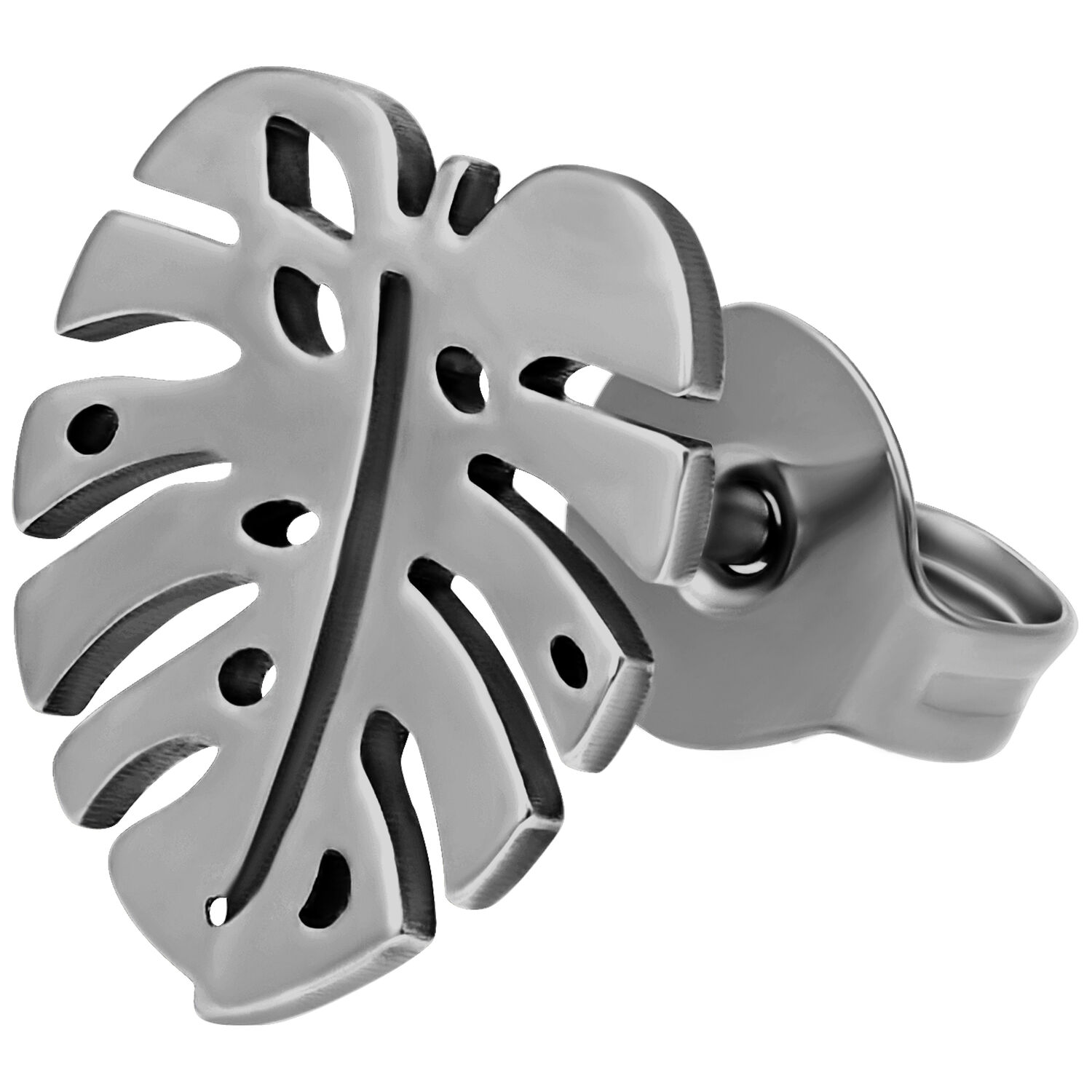 Boucles d'oreilles Monstera en métal argenté Boucle d'oreille Monstera argentée avec surface polie sur fond blanc