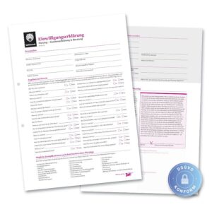 Deux pages d'un formulaire de consentement pour piercings sur fond blanc
