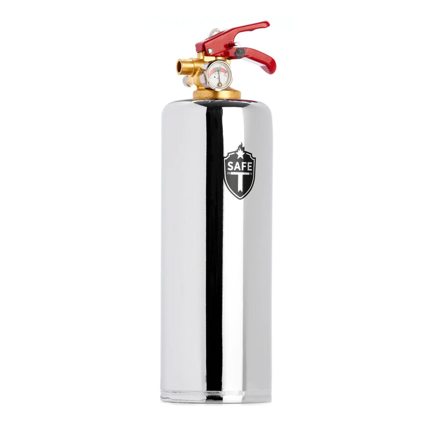 Extincteur Chrome Compact de Wildcat Extincteur Chrome avec poignée rouge sur fond blanc