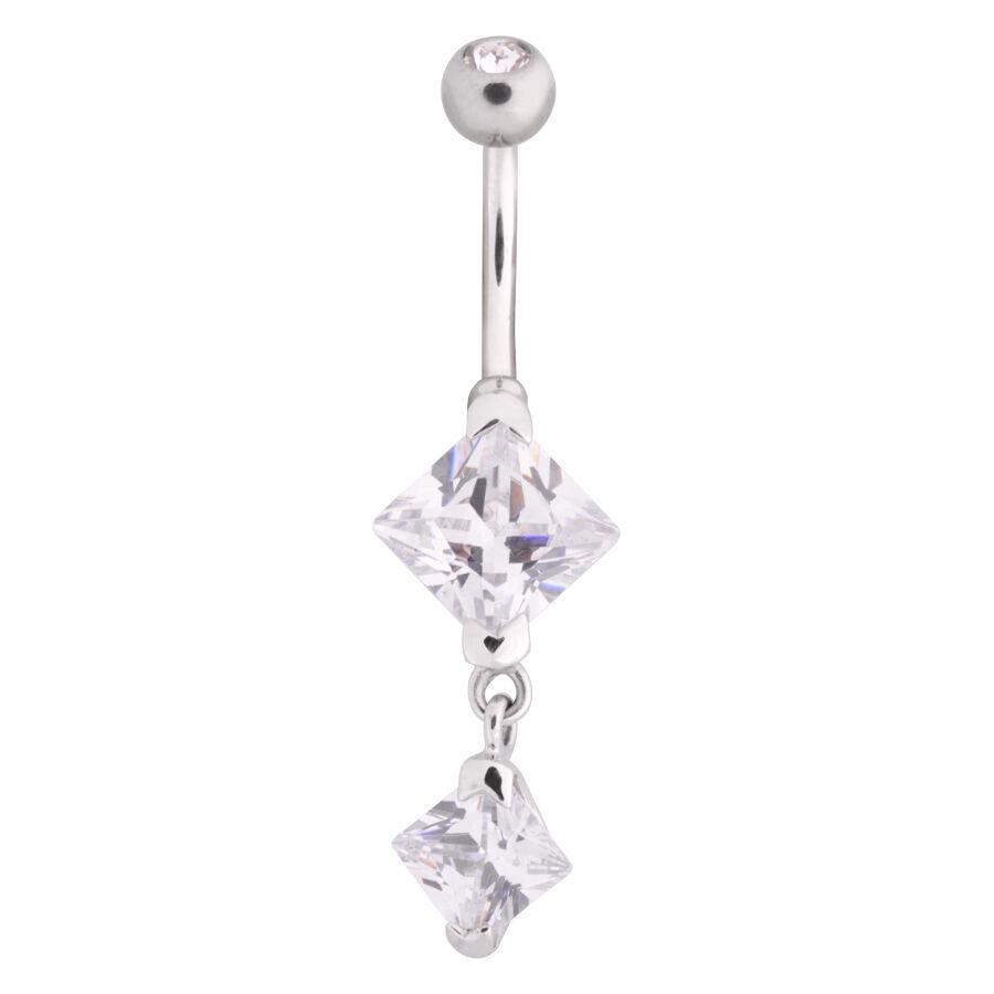 Banane en argent avec cristaux clairs Banane en argent en acier chirurgical avec deux cristaux clairs et carrés sur fond blanc