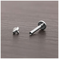 Embout de piercing en titane avec cristal Embout de piercing en titane argenté avec cristal clair sur bois sombre.