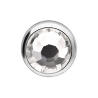Embout de piercing en titane argenté avec cristal Embout rond en titane argenté avec cristal clair facetté sur fond blanc