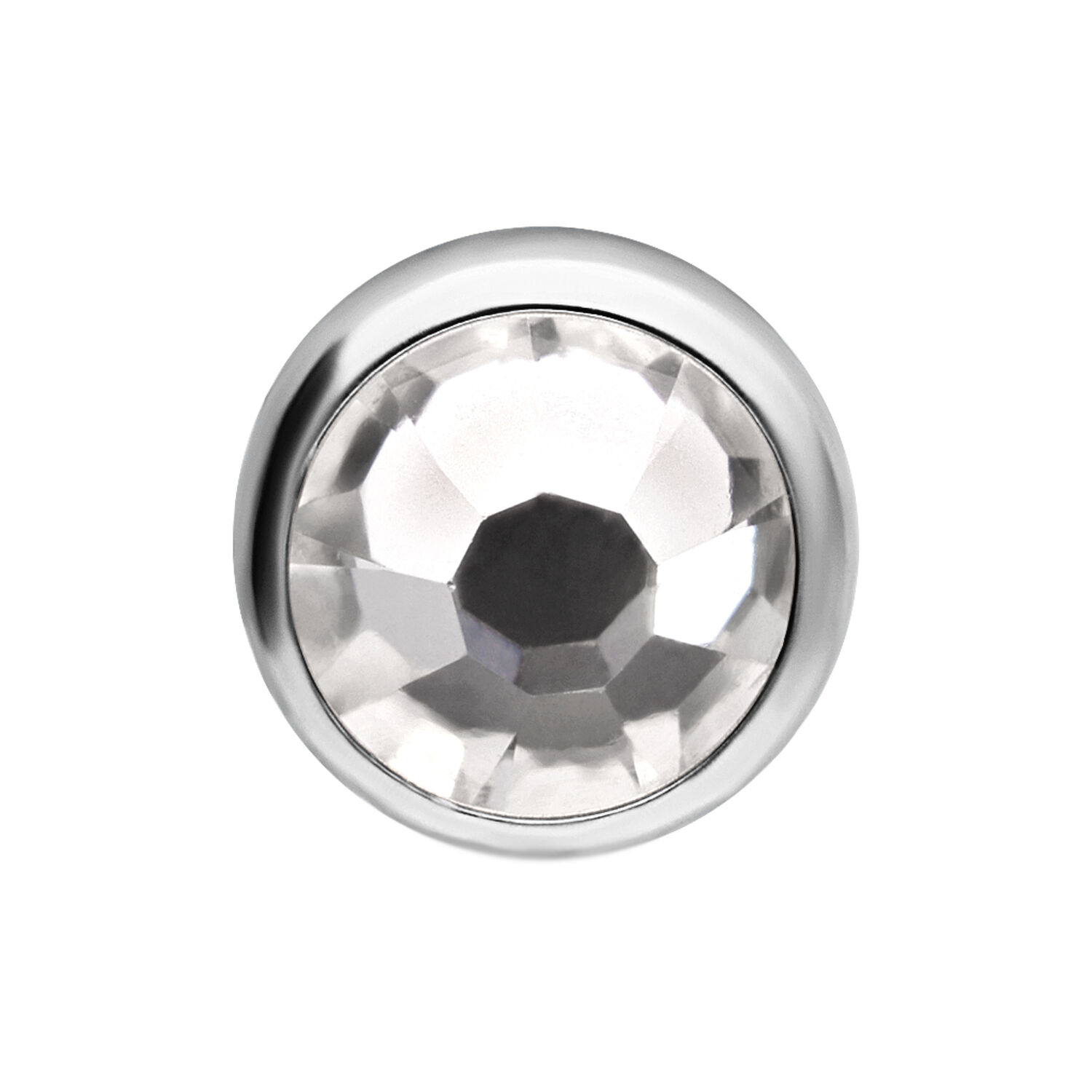 Embout de piercing en titane argenté avec cristal Embout rond en titane argenté avec cristal clair facetté sur fond blanc