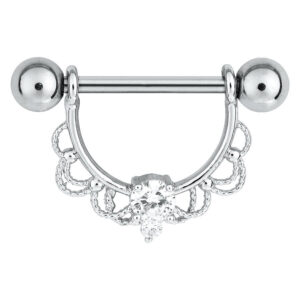Barbell pour téton argenté avec cristal et design décoratif sur fond blanc