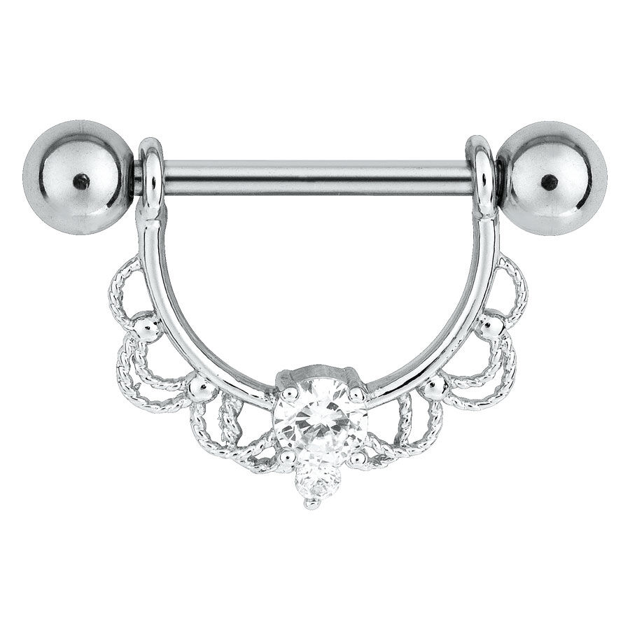Barbell pour téton argenté avec cristal Barbell pour téton argenté avec cristal et design décoratif sur fond blanc