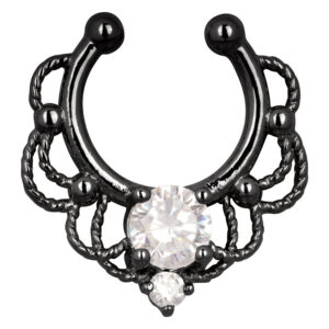 Faux piercing septum noir avec cristaux clairs sur fond blanc