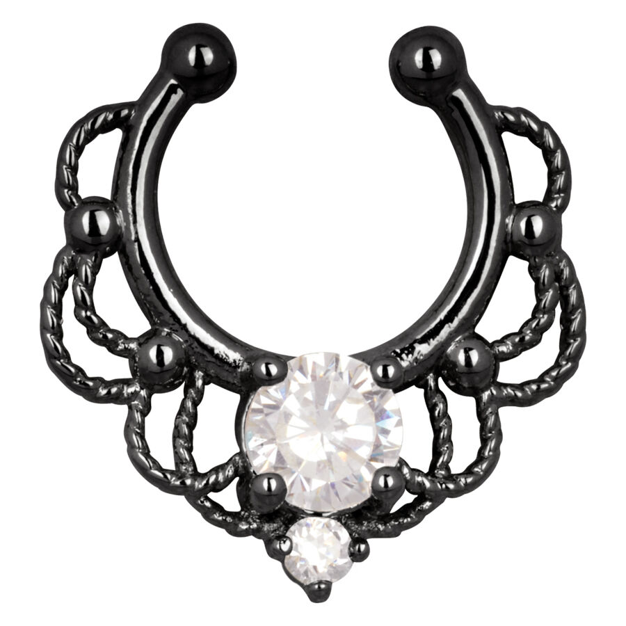 Faux septum noir avec cristaux Faux piercing septum noir avec cristaux clairs sur fond blanc