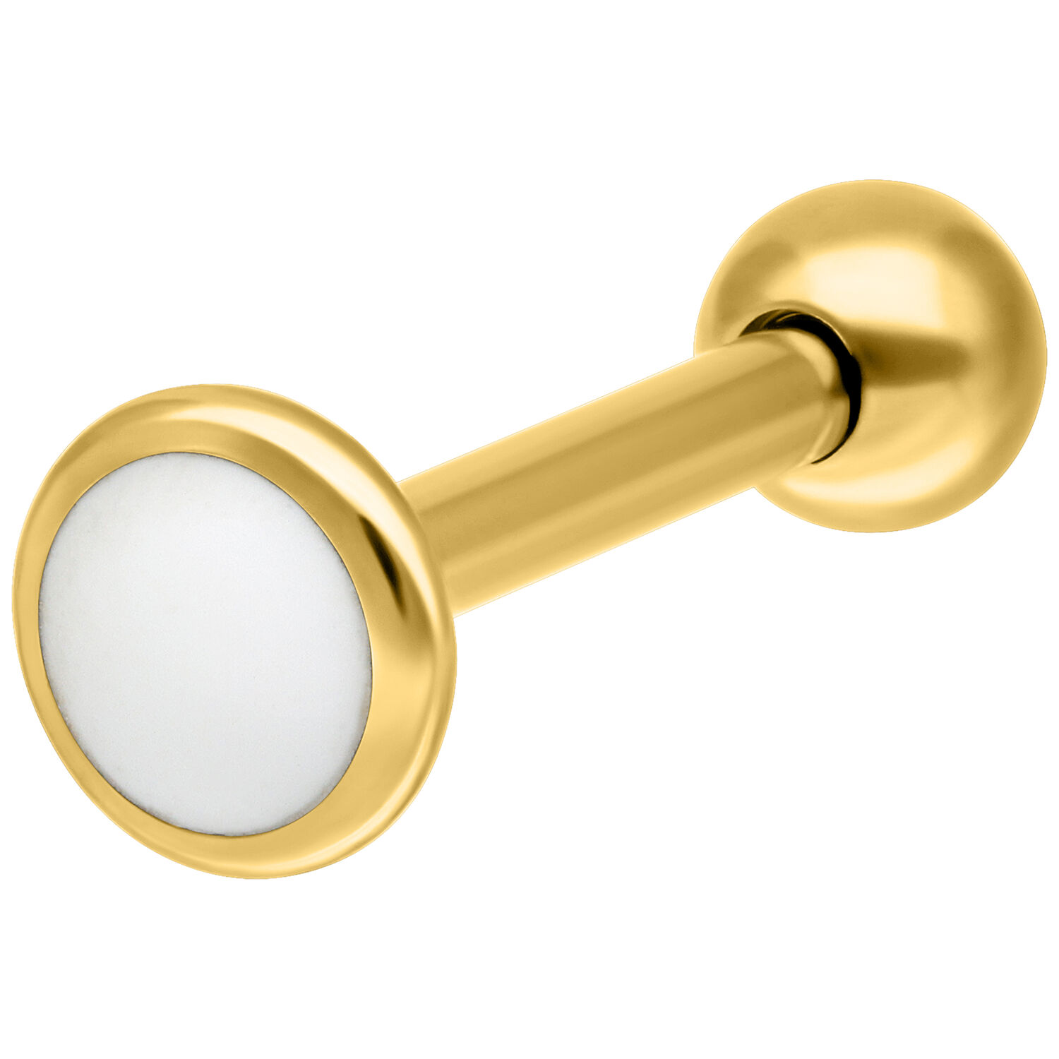 Labret en titane doré avec plaque blanche Labret doré en titane avec plaque blanche sur fond blanc