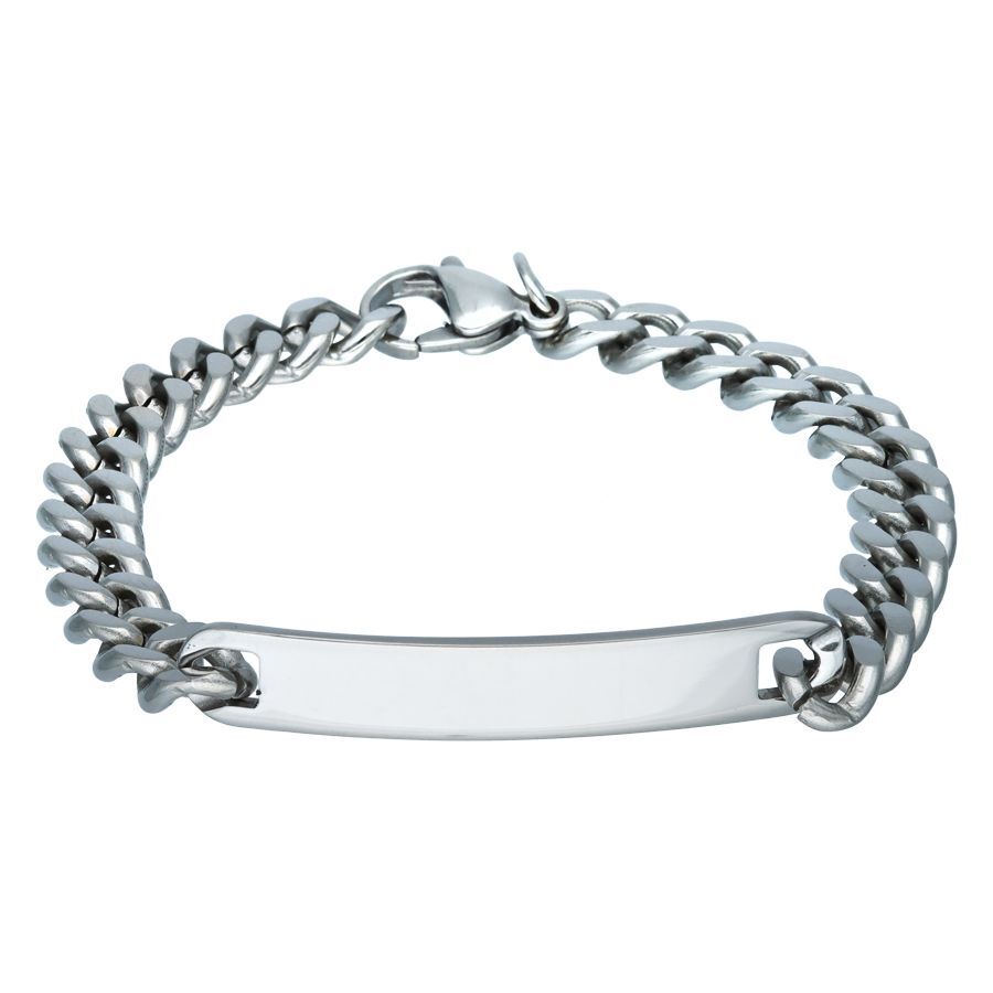 Bracelet gravable en acier chirurgical Bracelet gravable en acier chirurgical argenté sur fond blanc