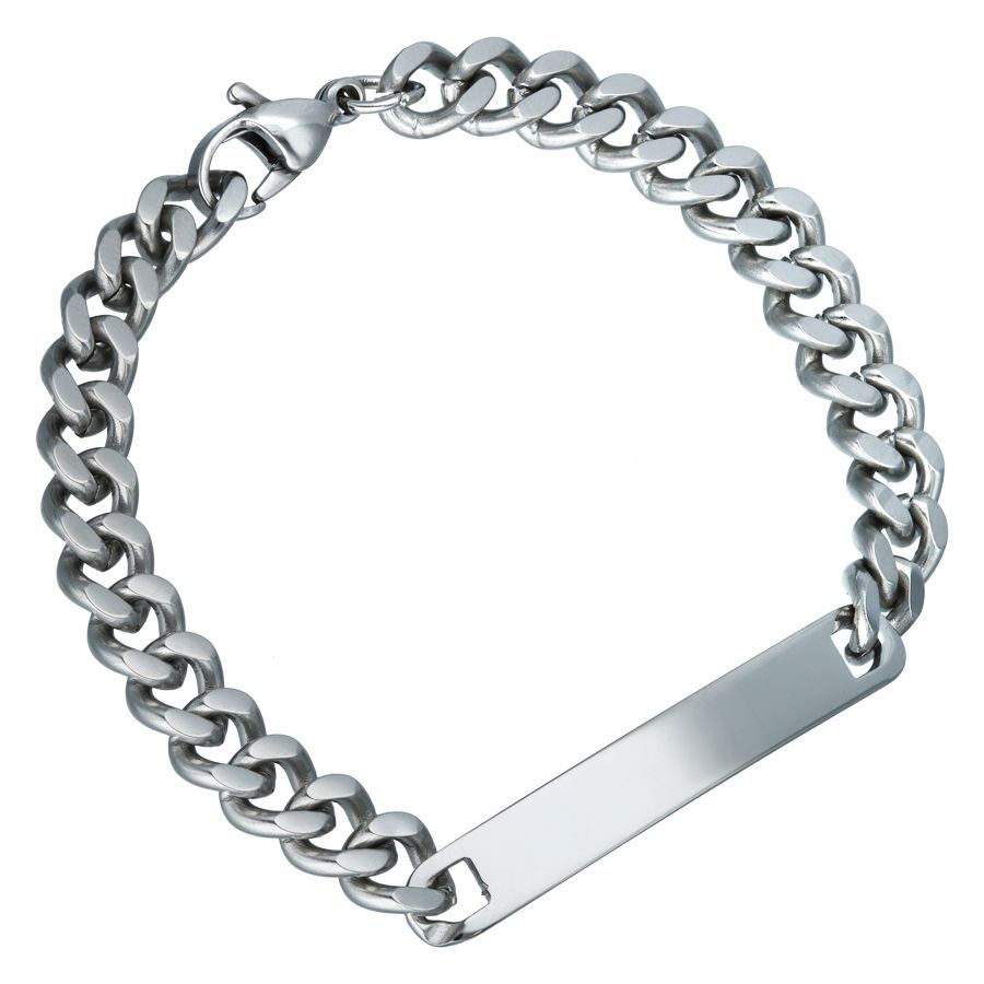 Bracelet gravable en acier chirurgical Bracelet argenté gravable en acier chirurgical sur fond blanc