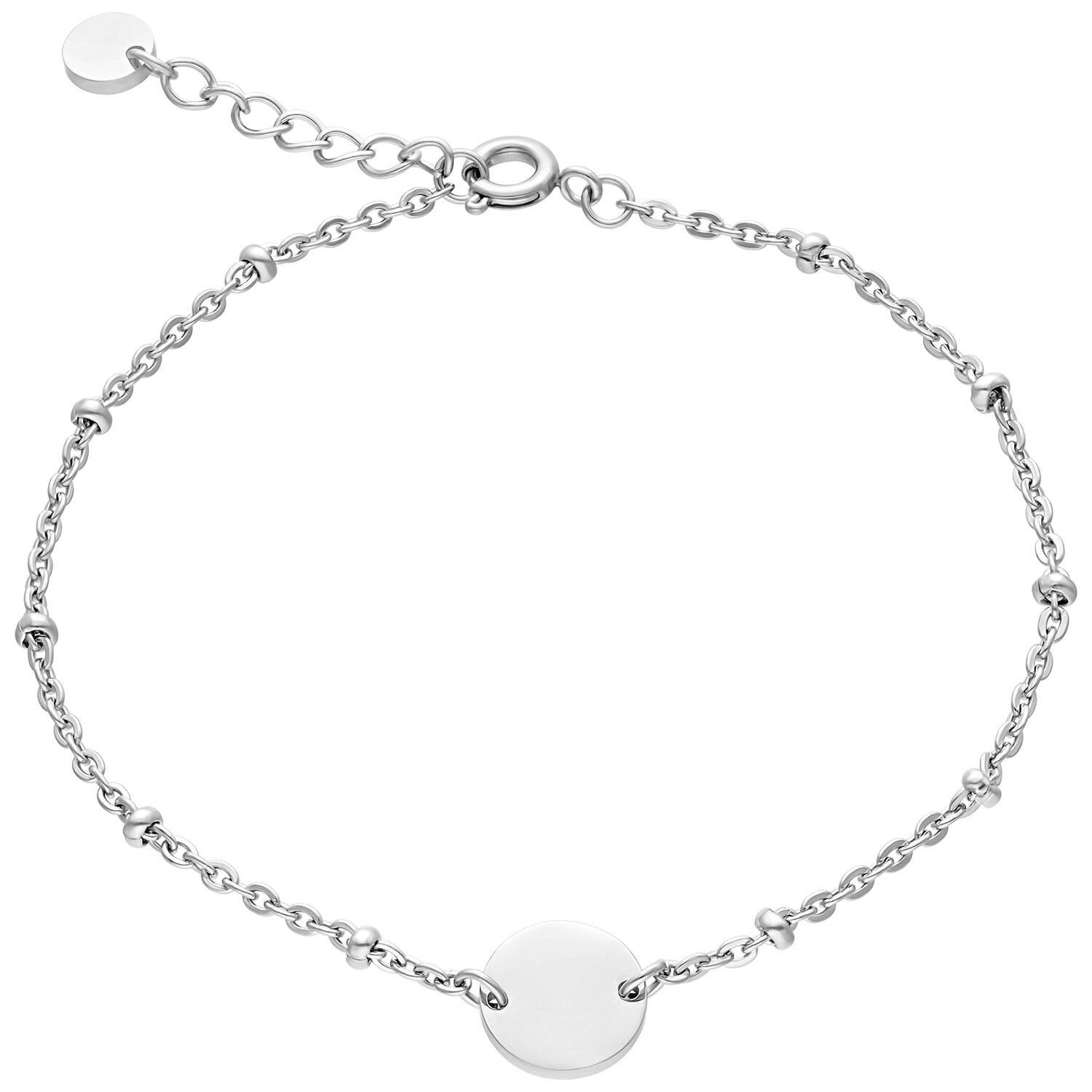 Bracelet en perles argenté personnalisable Bracelet argenté avec plaque personnalisable et perles sur fond blanc