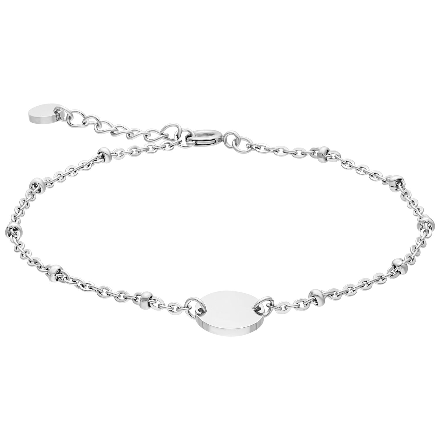 Bracelet argenté avec perles, personnalisable Bracelet personnalisable en acier chirurgical 316L argenté sur fond blanc