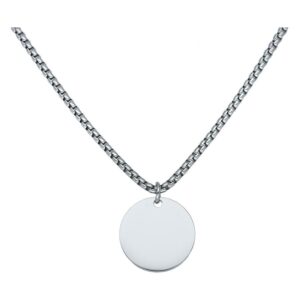 Collier argenté gravable en acier chirurgical avec pendentif rond sur fond blanc