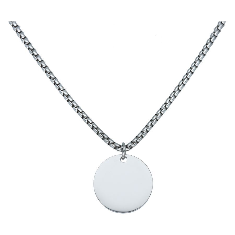 Collier gravable en acier chirurgical, argent Collier argenté gravable en acier chirurgical avec pendentif rond sur fond blanc
