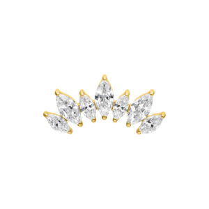 Embout de piercing en titane doré avec six cristaux clairs sur fond blanc