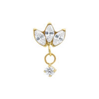 Embout de piercing doré avec trois cristaux clairs et une pierre pendante