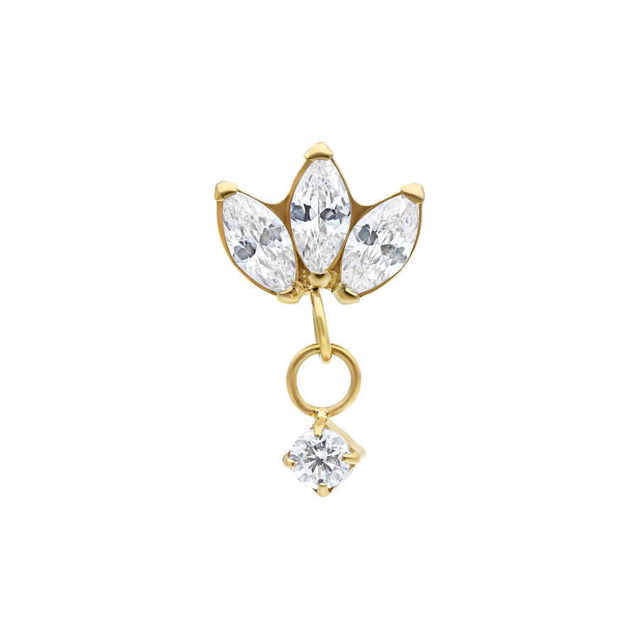 Embout de piercing doré avec trois cristaux clairs et une pierre pendante