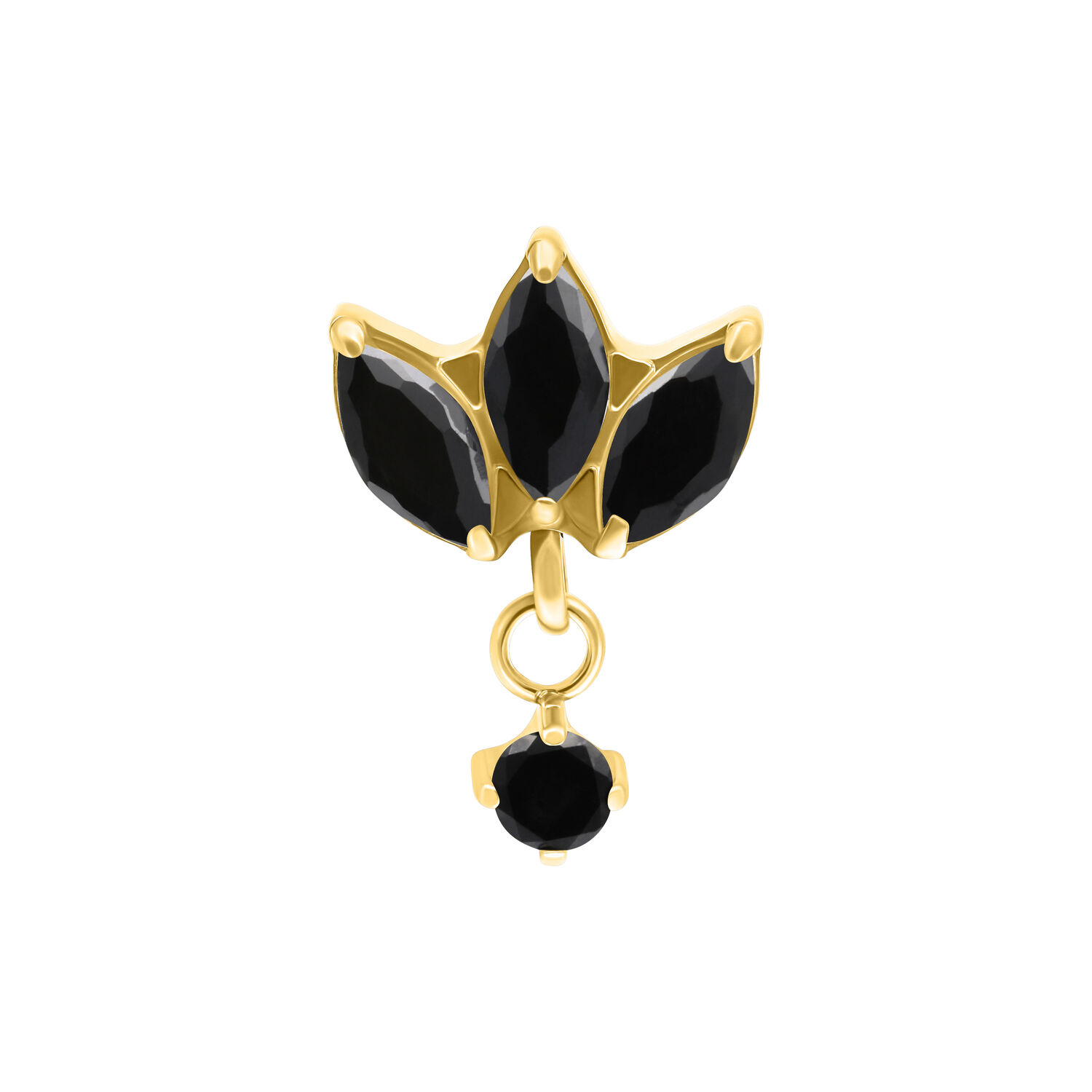 Embout de piercing doré avec cristaux noirs sur fond blanc
