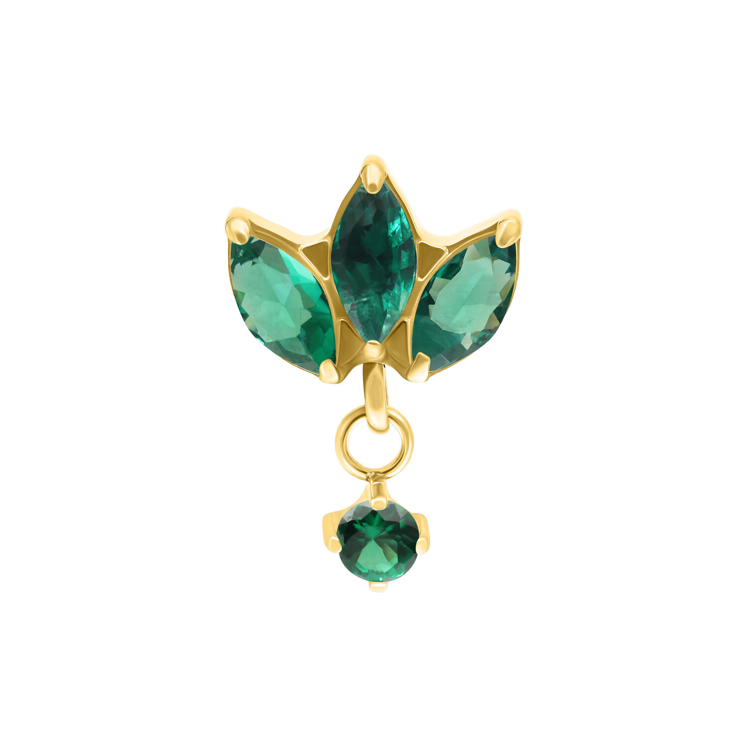 Embout de piercing en or avec cristaux vert émeraude sur fond blanc