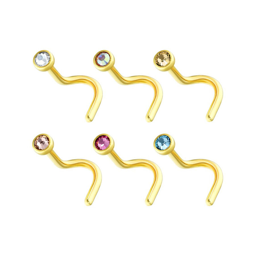 Clous de nez dorés avec cristaux colorés Six clous de nez dorés avec des cristaux clairs et colorés sur fond blanc