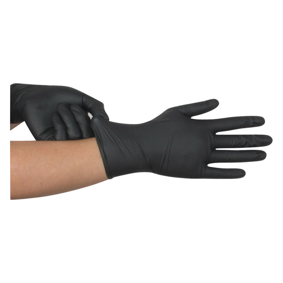 Gants en latex noirs de la collection Panthera Gants en latex noirs sur une main sur fond blanc