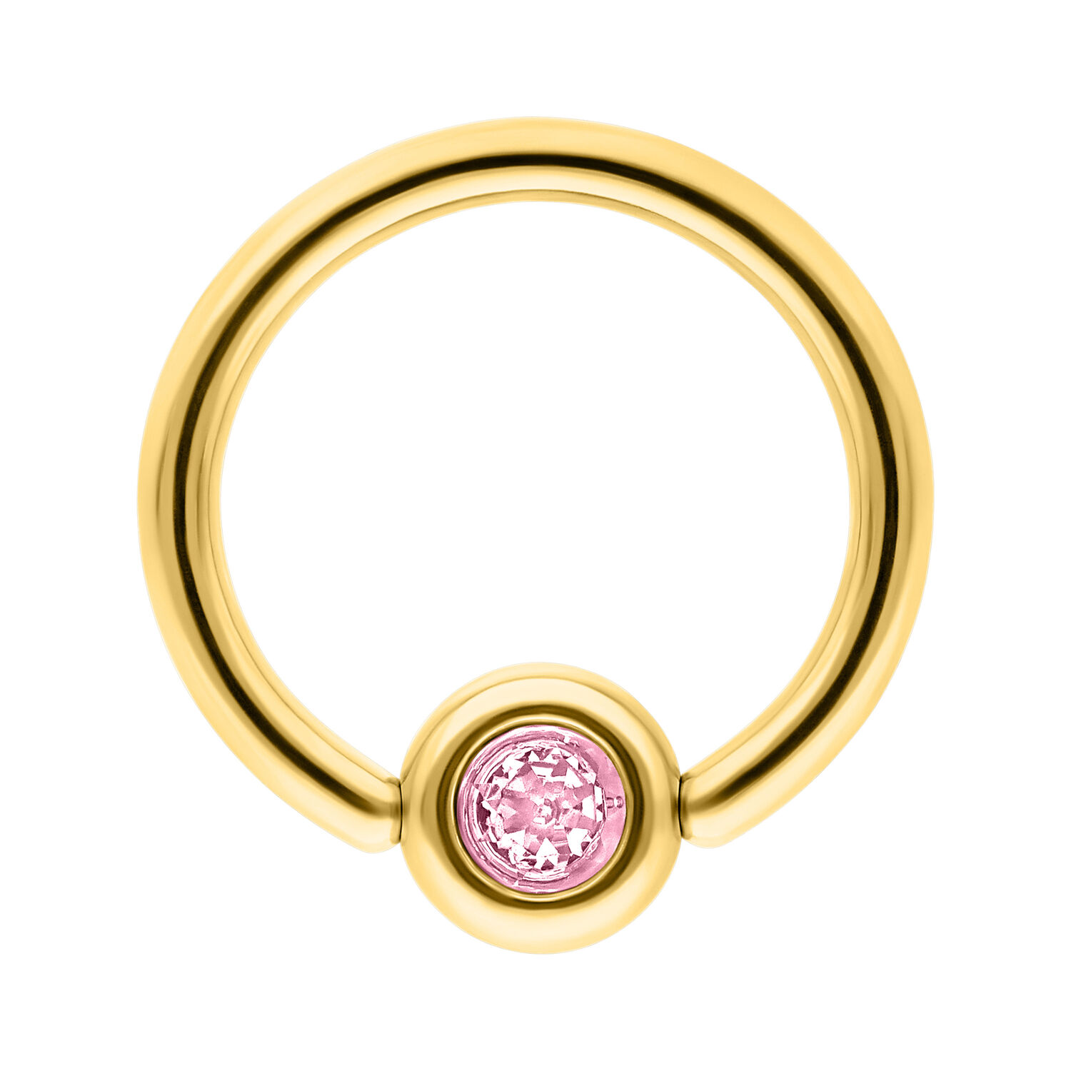 Anneau de piercing doré avec cristal rose sur fond blanc