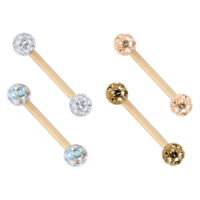 Barbells en titane doré avec cristaux Quatre barbells en titane doré avec des boules incrustées de cristaux de différentes couleurs sur fond blanc
