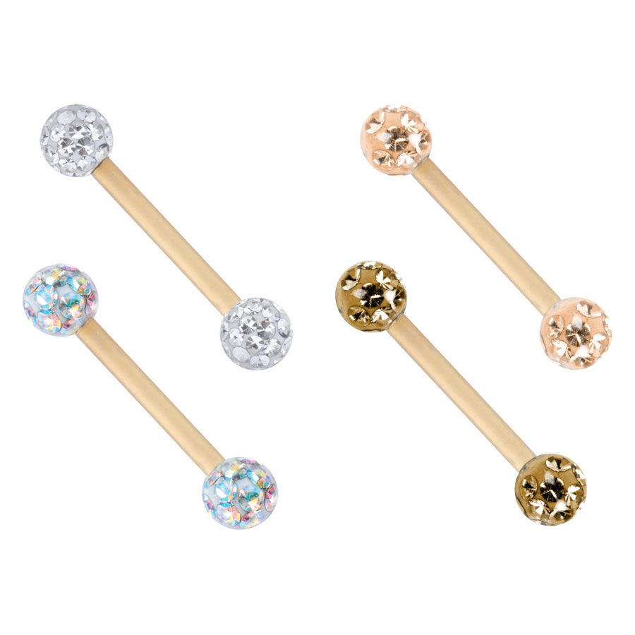 Barbells en titane doré avec cristaux Quatre barbells en titane doré avec des boules incrustées de cristaux de différentes couleurs sur fond blanc