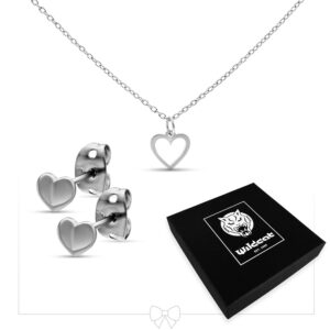 Collier cœur et boucles d'oreilles en argent sur fond blanc avec boîte cadeau Wildcat noire