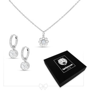 Collier en argent avec pendentif fleur et créoles assorties sur fond blanc