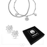 Set de bijoux Floralis argenté avec clous d'oreilles Collier et clous d'oreilles Floralis argentés devant une boîte Wildcat noire