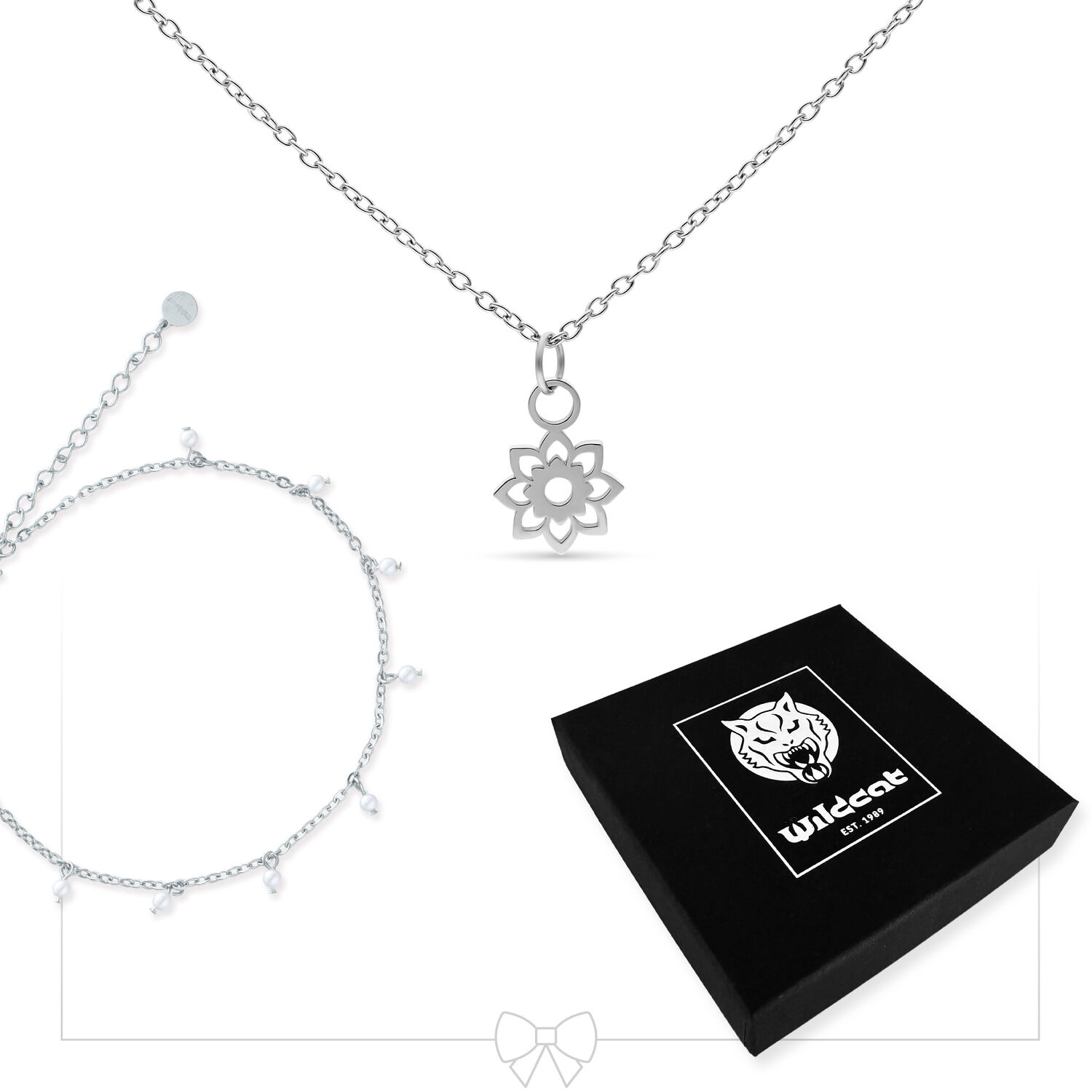 Ensemble de bijoux en argent avec bracelet de perles Collier en argent avec pendentif fleur et bracelet de perles, boîte noire