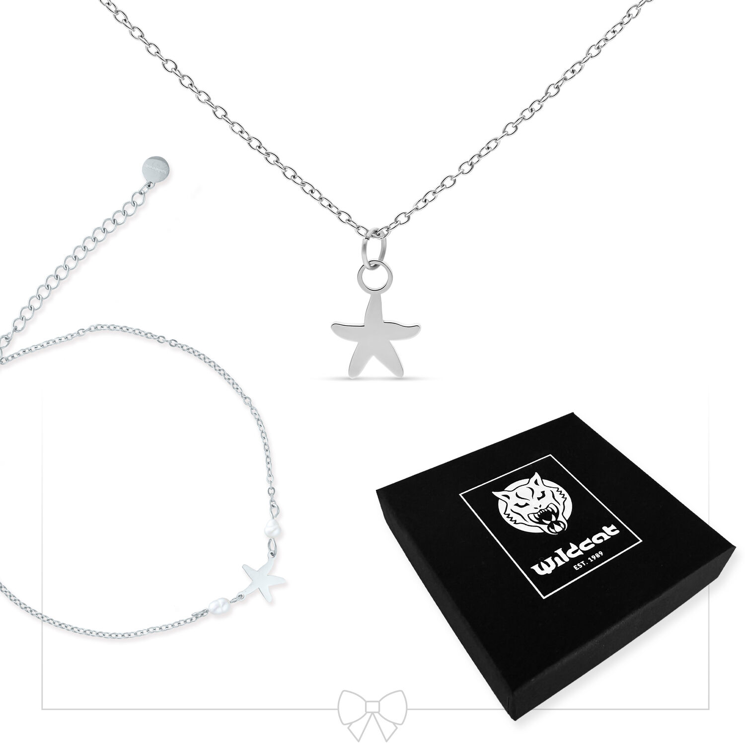 Ensemble de bijoux étoile de mer en argent Ensemble collier et bracelet de cheville étoile de mer en argent avec boîte Wildcat noire