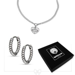 Bracelet en argent avec pendentif cœur et une paire de créoles torsadées, emballage Wildcat noir