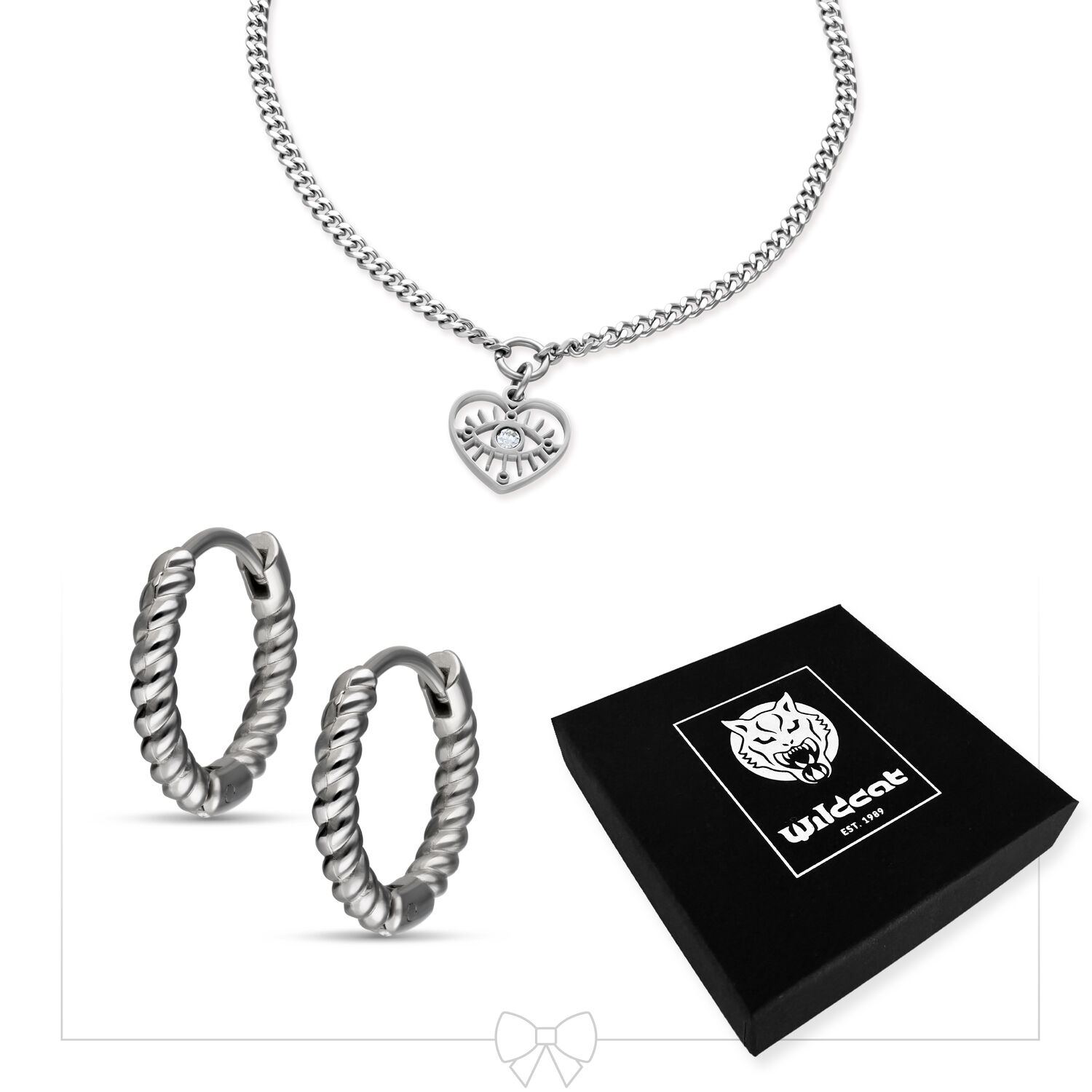Ensemble de bijoux en argent avec bracelet cœur et créoles Bracelet en argent avec pendentif cœur et une paire de créoles torsadées, emballage Wildcat noir