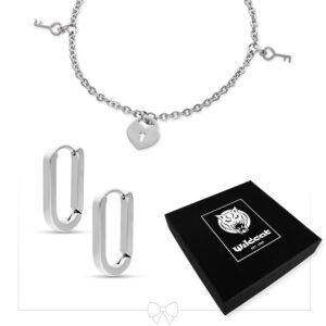 Bracelet argenté avec pendentifs clés et cadenas en forme de cœur, boucles d'oreilles argentées et boîte Wildcat noire