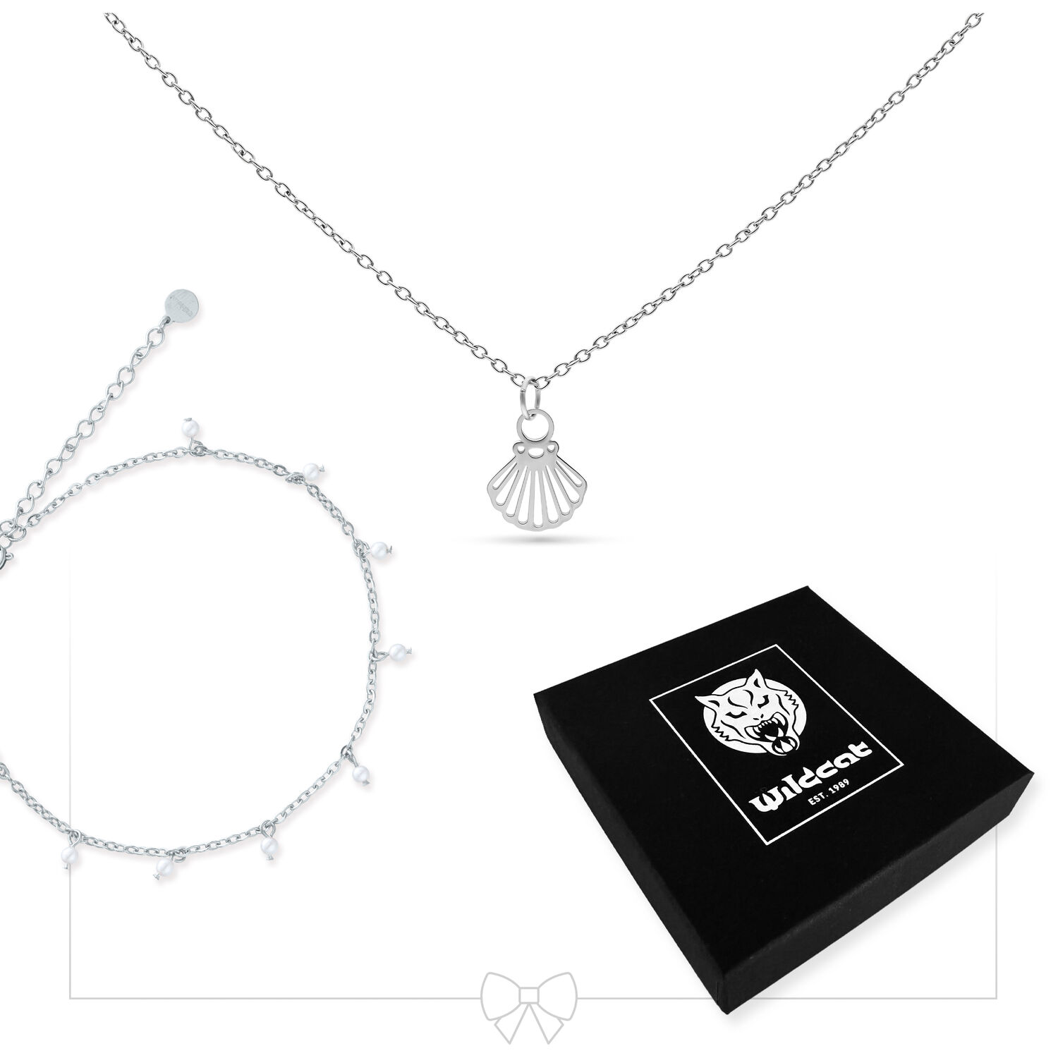 Ensemble collier et bracelet de cheville argentés Collier argenté avec pendentif coquillage et bracelet de cheville assorti, boîte noire