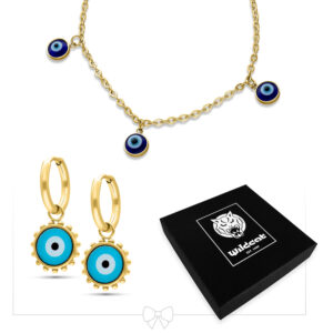 Collier doré avec œil Nazar et créoles assorties, boîte noire