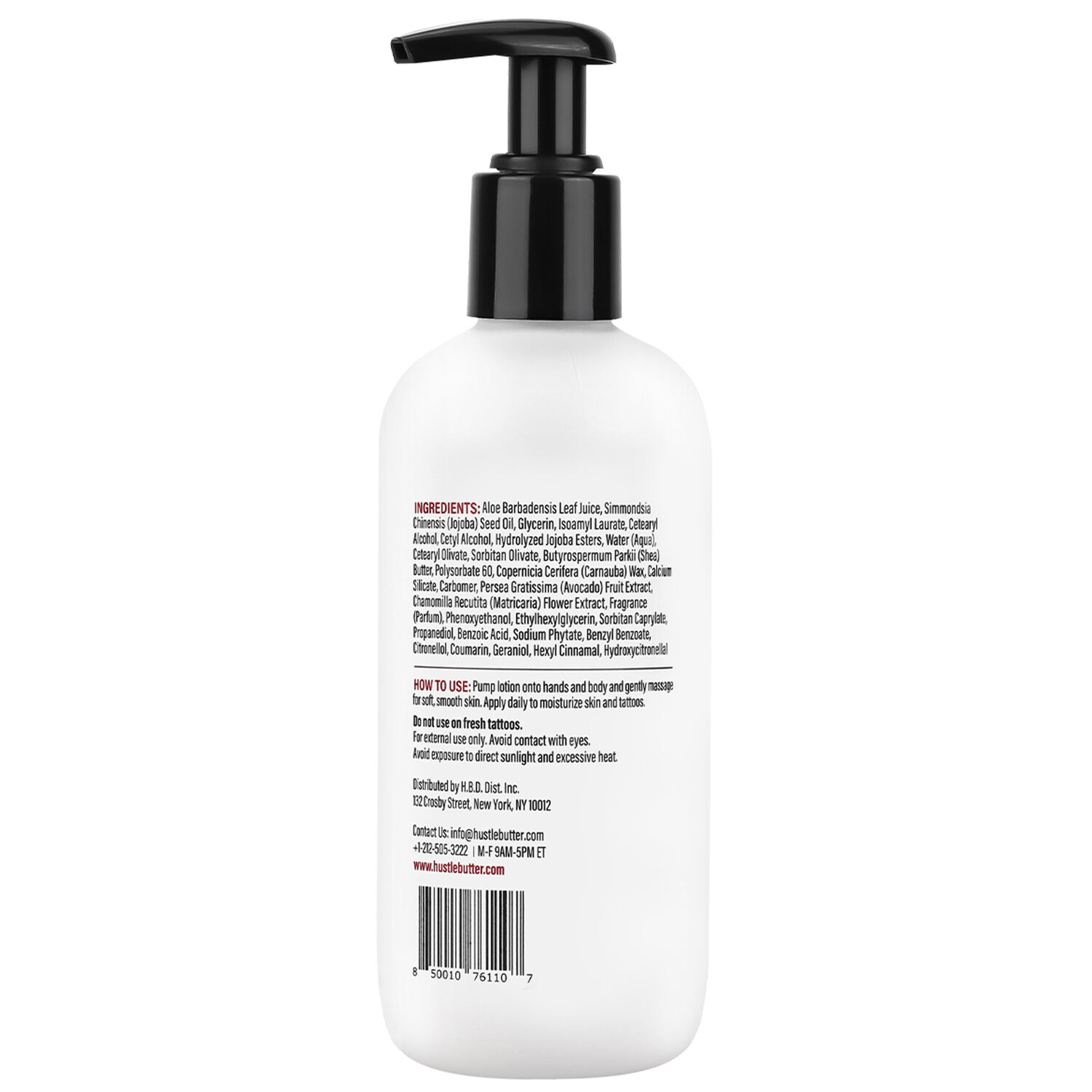 Hustle Butter Daily Lotion 226ml bouteille Bouteille blanche de lotion Hustle Butter avec pompe noire sur fond blanc
