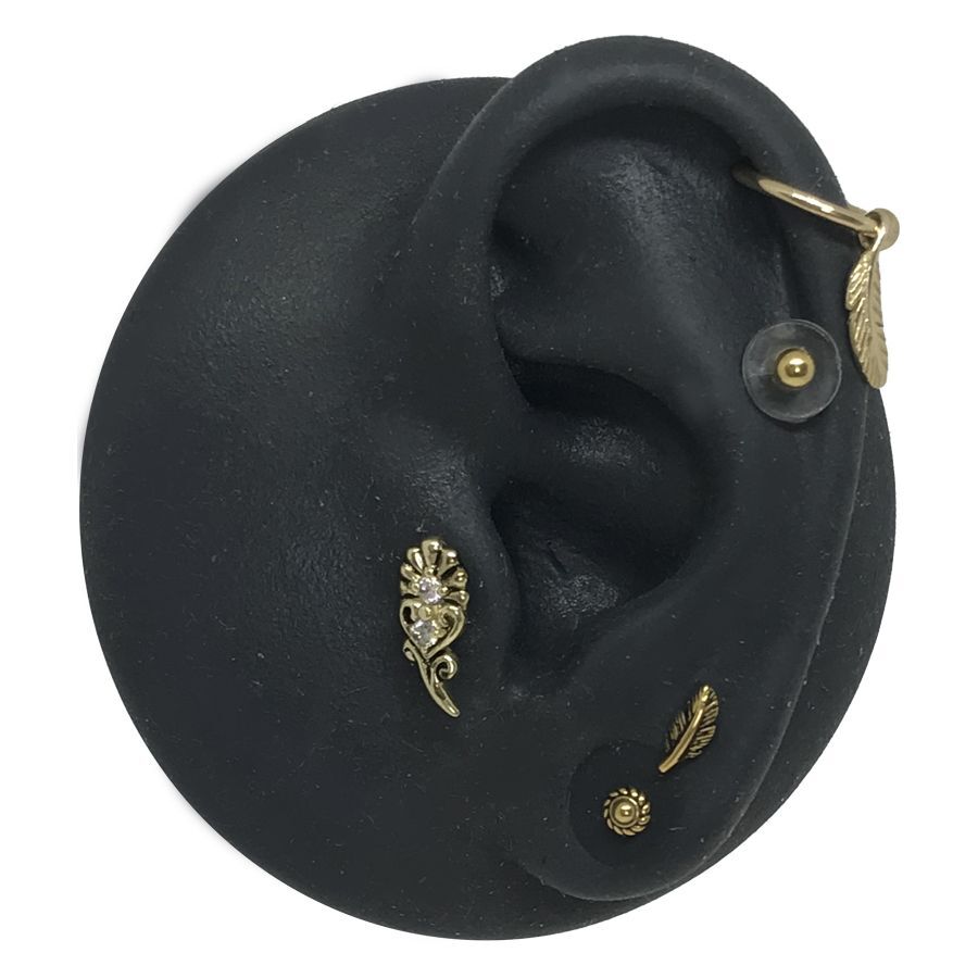 Disque en silicone pour piercing avec embouts dorés Modèle d'oreille en silicone noir avec embouts de piercing dorés sur fond blanc