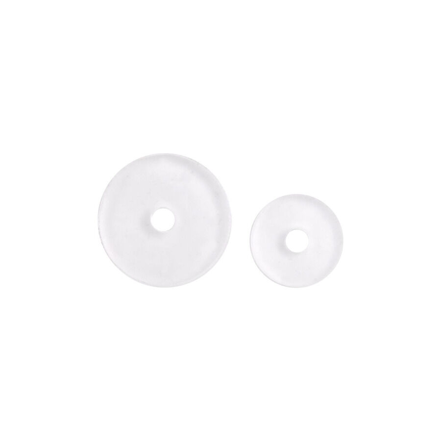 Disques en silicone transparents pour piercings Deux disques en silicone transparents sur fond blanc, grande et petite taille
