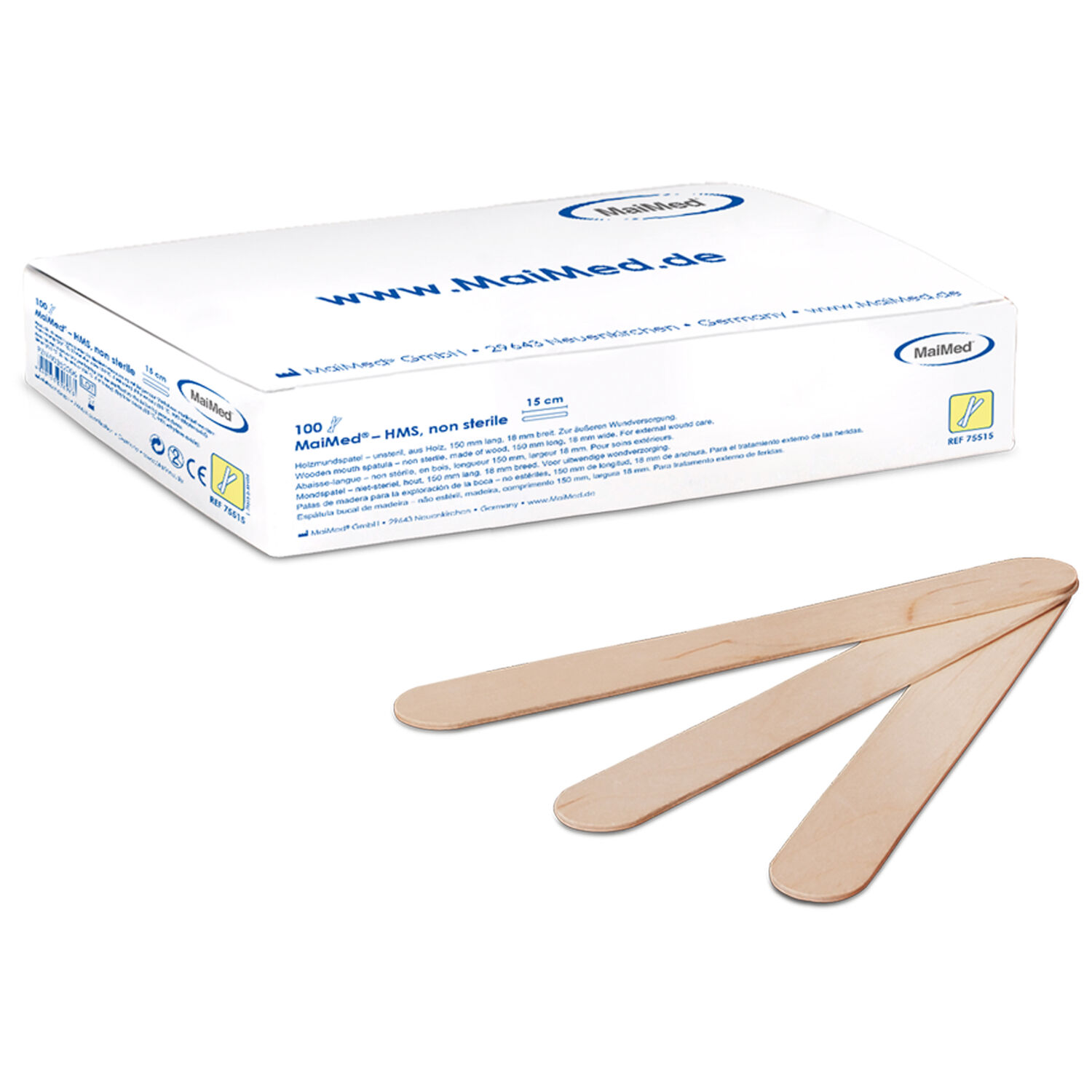 HMS Spatules en bois par Wildcat Trois spatules en bois devant un emballage blanc avec inscription bleue