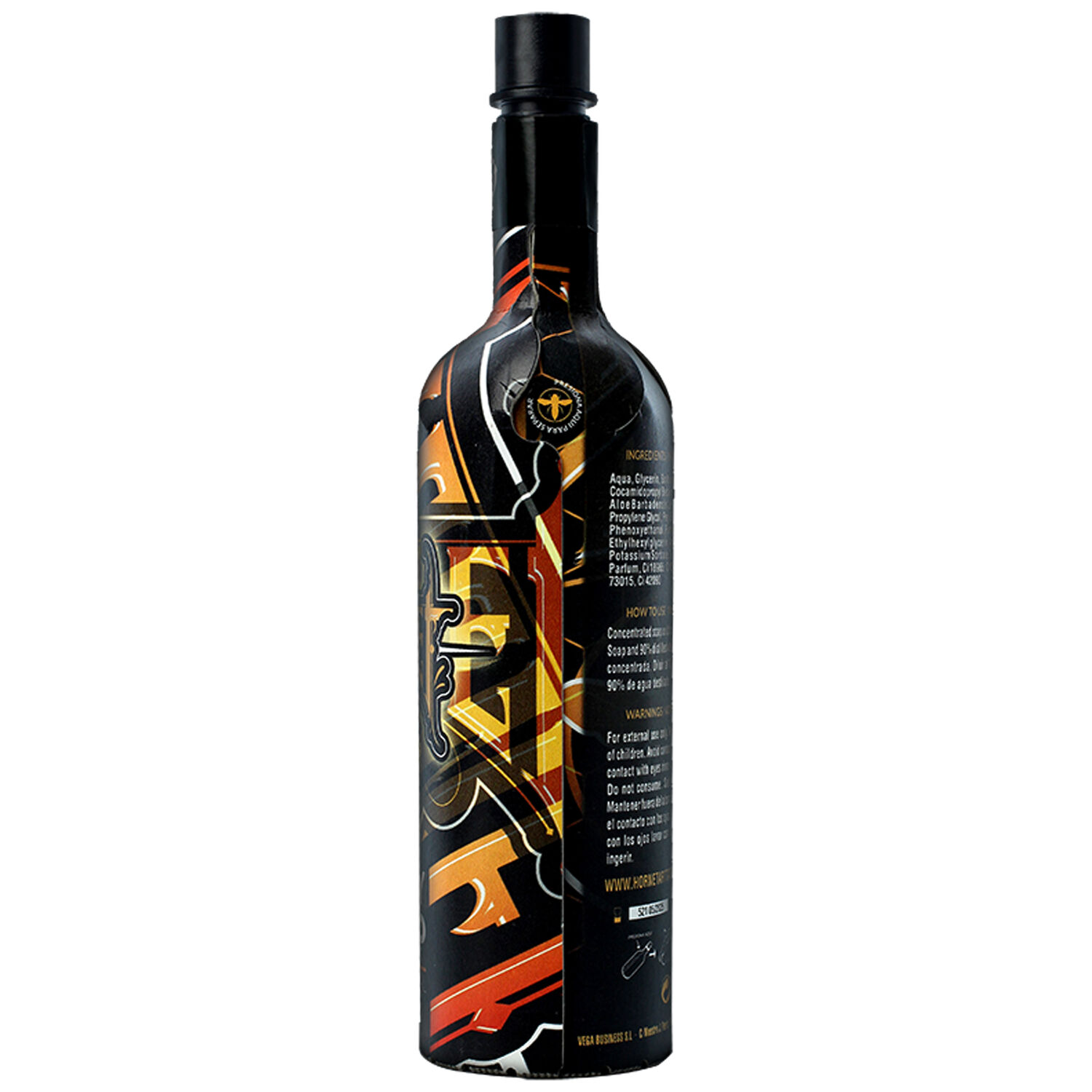 Savon Hornet Honey en bouteille de 750 ml Bouteille noire de Savon Hornet Honey avec un design coloré sur fond blanc
