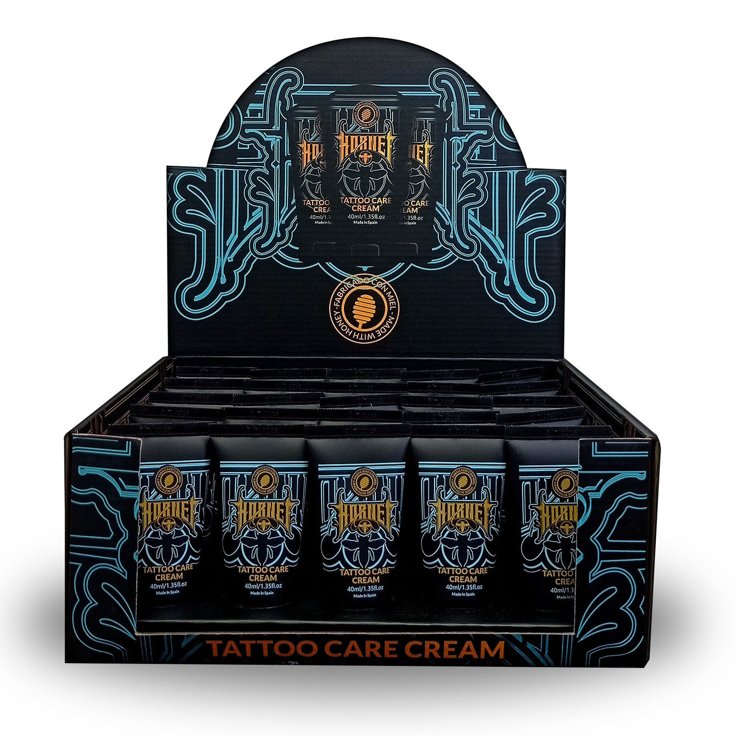 Crème de soin pour tatouage Hornet dans une boîte décorative Boîte noire avec des tubes de crème de soin pour tatouage Hornet et des décorations bleues